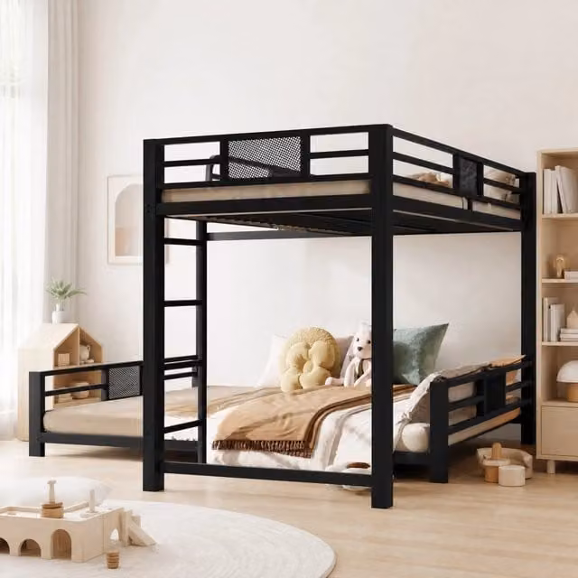 Letto a castello a L in metallo nero 90x200/140x200 con struttura robusta
