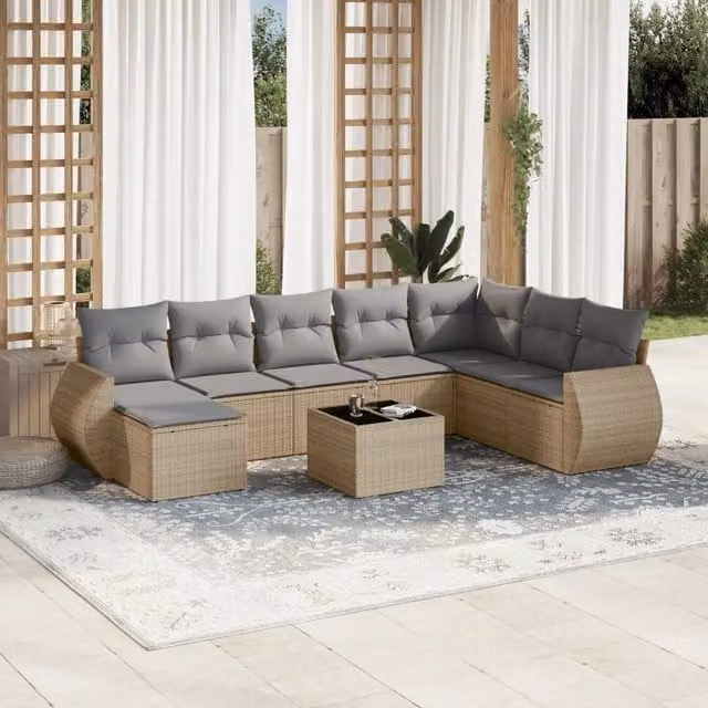 vidaXL Set Divano da Giardino 9 pz in Polyrattan con Cuscini Beige e Grigio e Tavolino