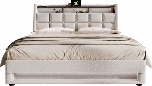 Letto imbottito 140x200 cm con LED; 2 USB e rete a doghe; beige chiaro