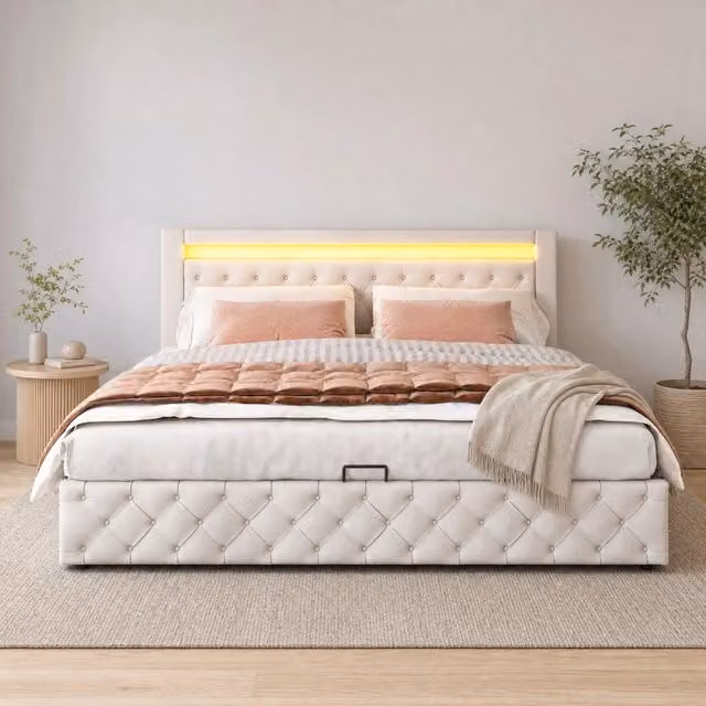 Letto imbottito 180x200 cm con contenitore, rete a doghe e illuminazione LED, rivestimento in PU bianco