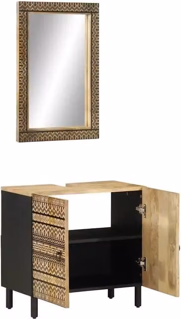 Set Mobili da Bagno vidaXL in Legno di Mango Marrone composto da Mobile Lavabo e Armadietto Specchio con Ante a Battente e Ripiani Interni – 1