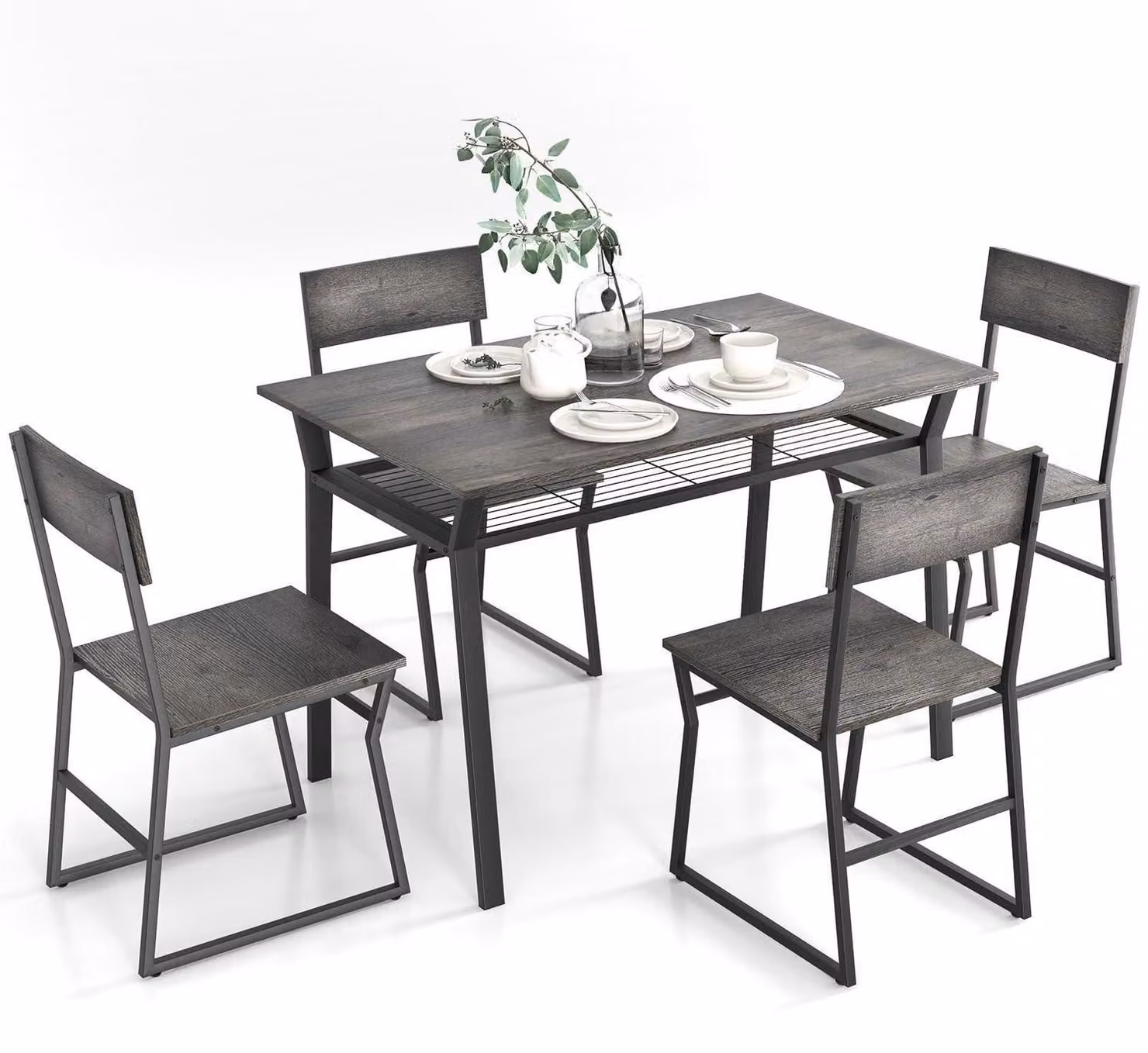 Set da pranzo composto da un tavolo e 4 sedie, con struttura in metallo, ripiano inferiore, design industriale, colore grigio scuro