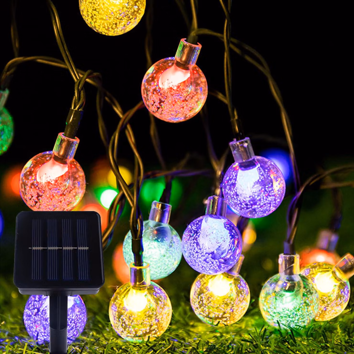 Catena luminosa solare con sfere di cristallo, lunghezza 6,5 metri, 30 LED, 8 modalità