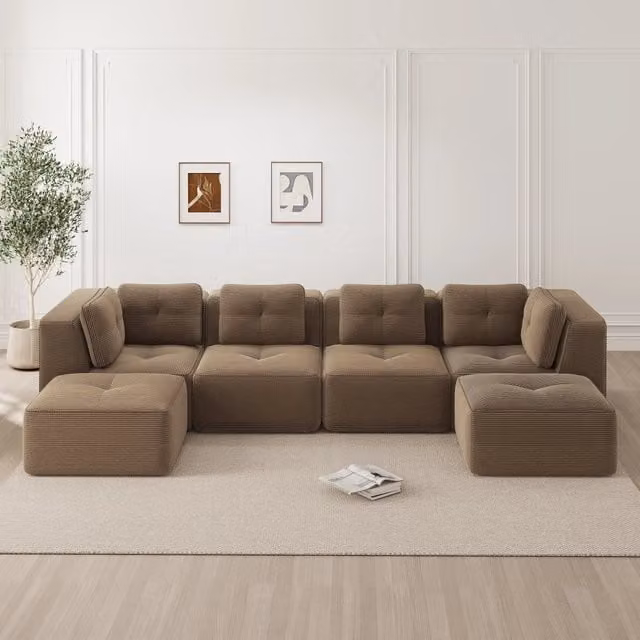 Divano angolare modulare MIVRAY in velluto a coste marrone con funzione letto e design moderno