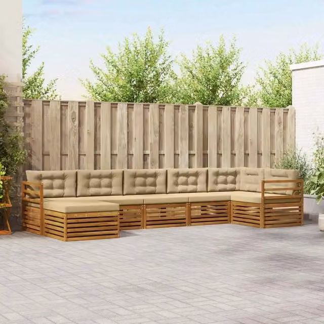 Set di divani da esterno a L vidaXL in legno di acacia con cuscini beige e sabbia, 7 pezzi