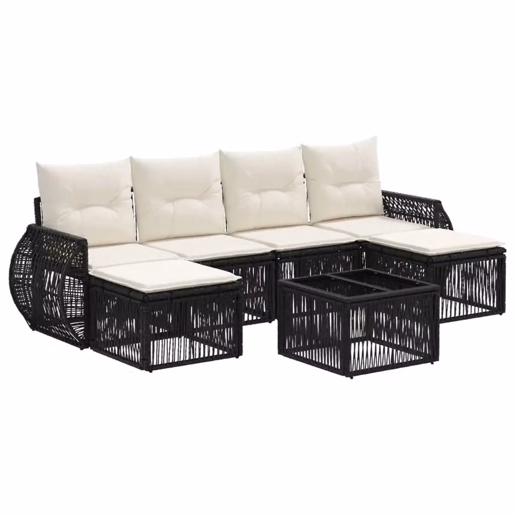 Set Divano da Giardino 7 Pezzi vidaXL in Polyrattan con Cuscini Nero e Bianco – 2