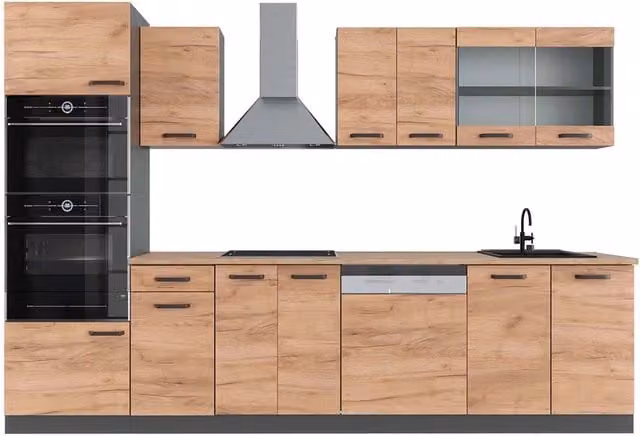 Cucina componibile moderna Vicco R-Line in Rovere e Antracite, L: 300 cm – 1