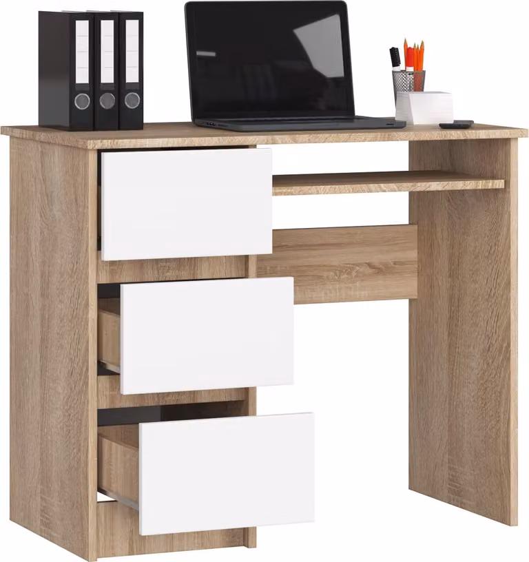 BDW, scrivania per computer con 3 cassetti, cassetto per tastiera, 90x77x50 cm, rovere Sonoma / bianco (a sinistra)