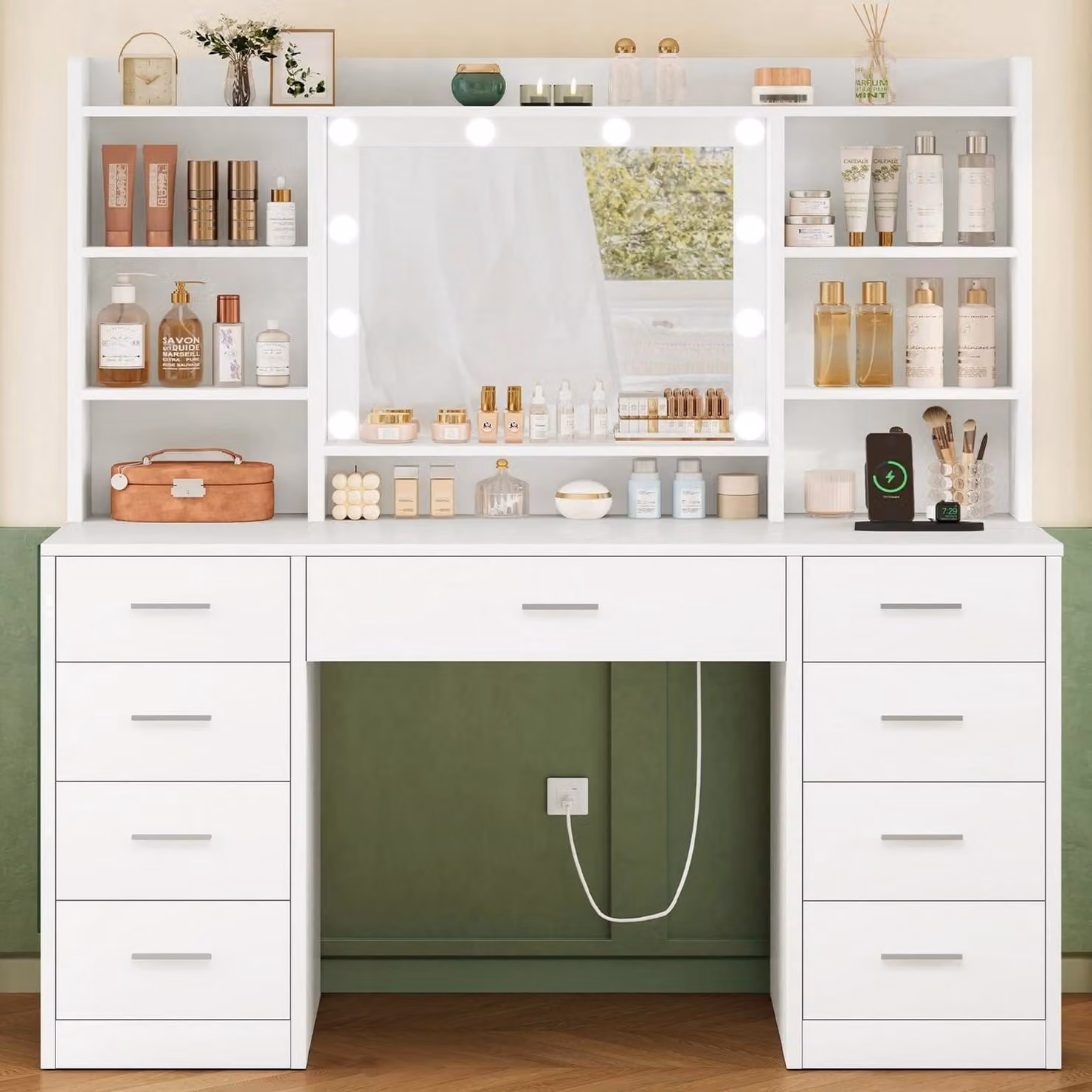 Comò da trucco con illuminazione, presa di corrente, 9 cassetti, bianco