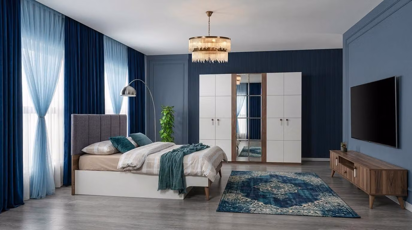 Set per camera da letto: armadio, letto, testiera. Design moderno, colore bianco, materiali in legno. Confortevole e morbido