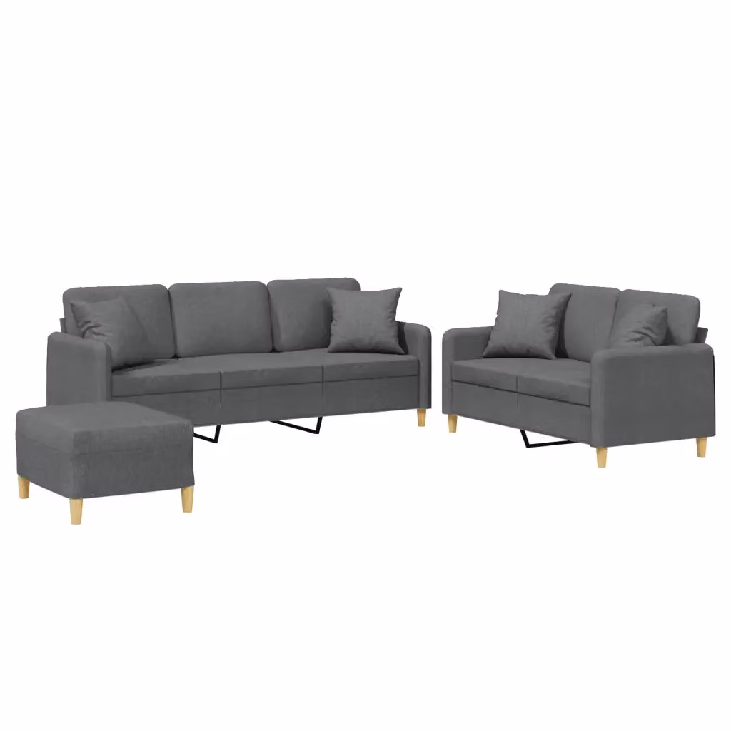 Set di divani moderno vidaXL composto da un divano a 3 posti, un divano a 2 posti e un pouf, rivestito in tessuto grigio con cuscini inclusi – 2