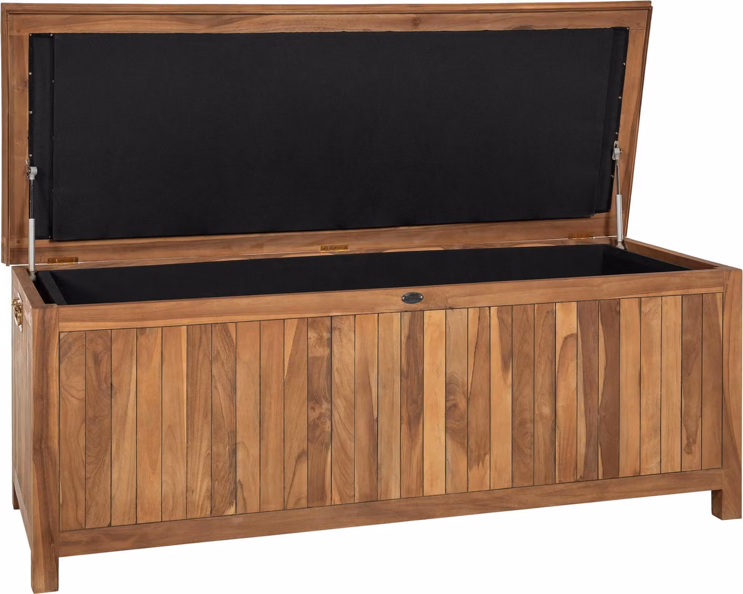 Contenitore imbottito in legno di teak, dotato di pistoni a gas e rivestimento interno resistente all'acqua