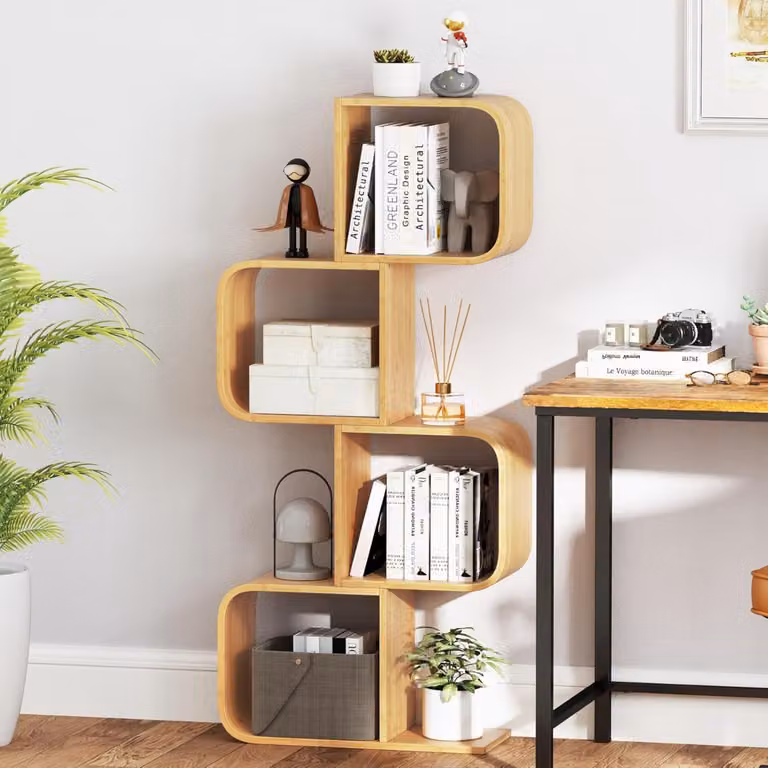 Libreria Costway a 4 livelli a forma di S in bambù naturale con 4 cubi aperti, colore marrone