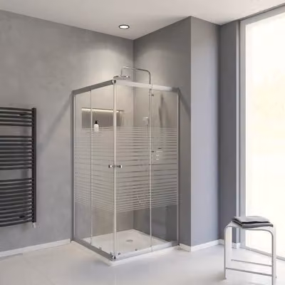 Ingresso ad angolo con porta scorrevole SCHULTE Sunny 75 - 90 cm profilo vetro argento decoro righe orizzontali Cerniera porta a sinistra Cerniera porta a destra