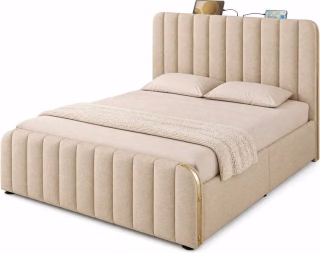 Letto Contenitore Matrimoniale Moderno in Lino Beige con Porte USB e Type-C L/P: 160 x 200 cm