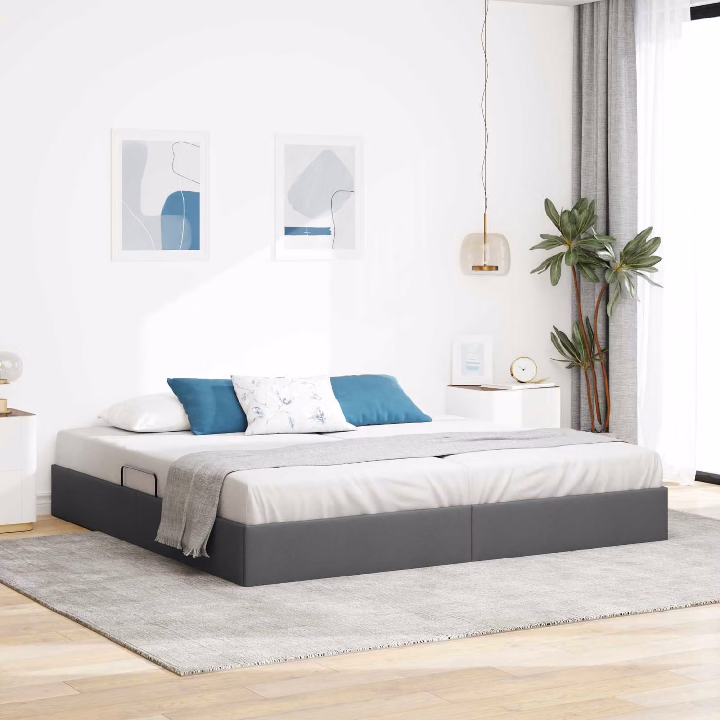 Letto ottomano moderno vidaXL in tessuto grigio con base a sollevamento L 200 cm x P 200 cm x H 280 cm