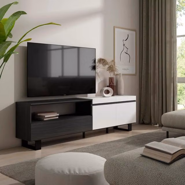 Mobile TV, 200x35x57cm, soggiorno, Per TV fino a 80", Design industriale, Bianco e nero RF2197