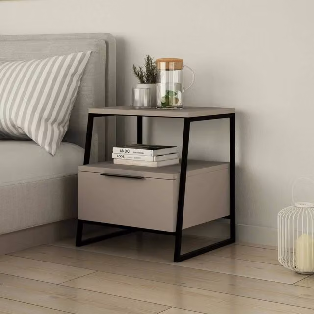 Comodino Alonso DMORA, Comò basso e Tavolino da notte moderno in MDF, Colore Beige/Grigio, L: 45 cm, H: 50 cm, P: 40 cm