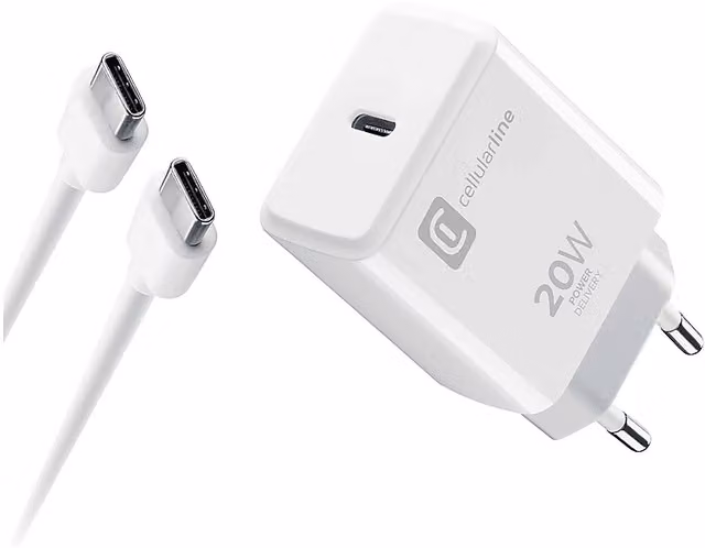 Caricabatterie Cellularline Charger Kit 20W con USB Type-C, Bianco