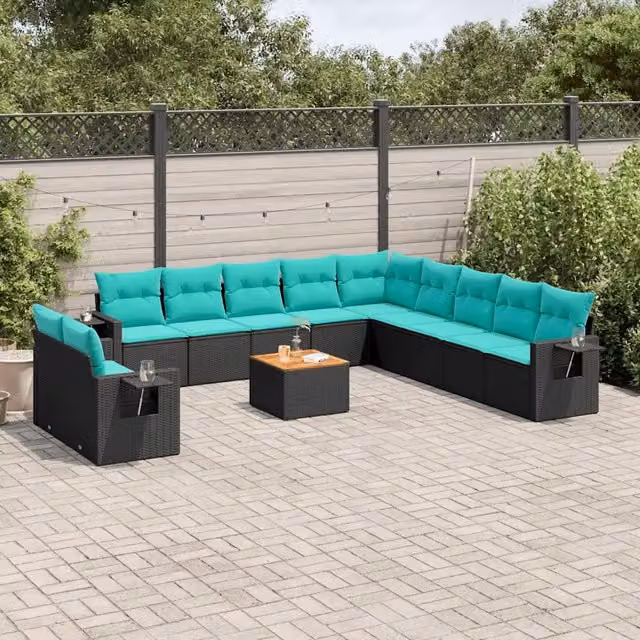 Set di Divani da Giardino a Forma di U vidaXL con Cuscini e Tavolino, Polyrattan Nero e Blu Turchese