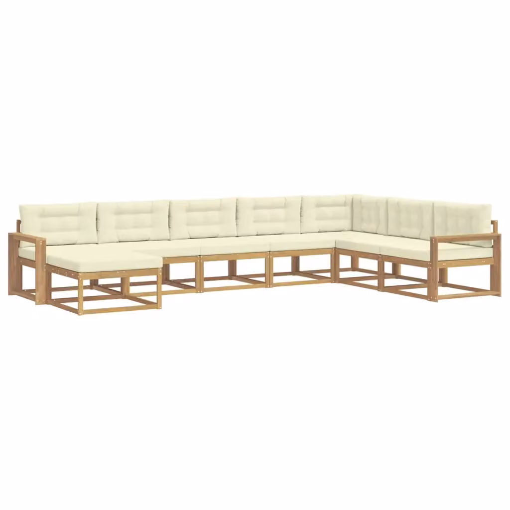 Set di divani da esterno a L vidaXL in legno di acacia con pouf e cuscini, Bianco e Beige – 2