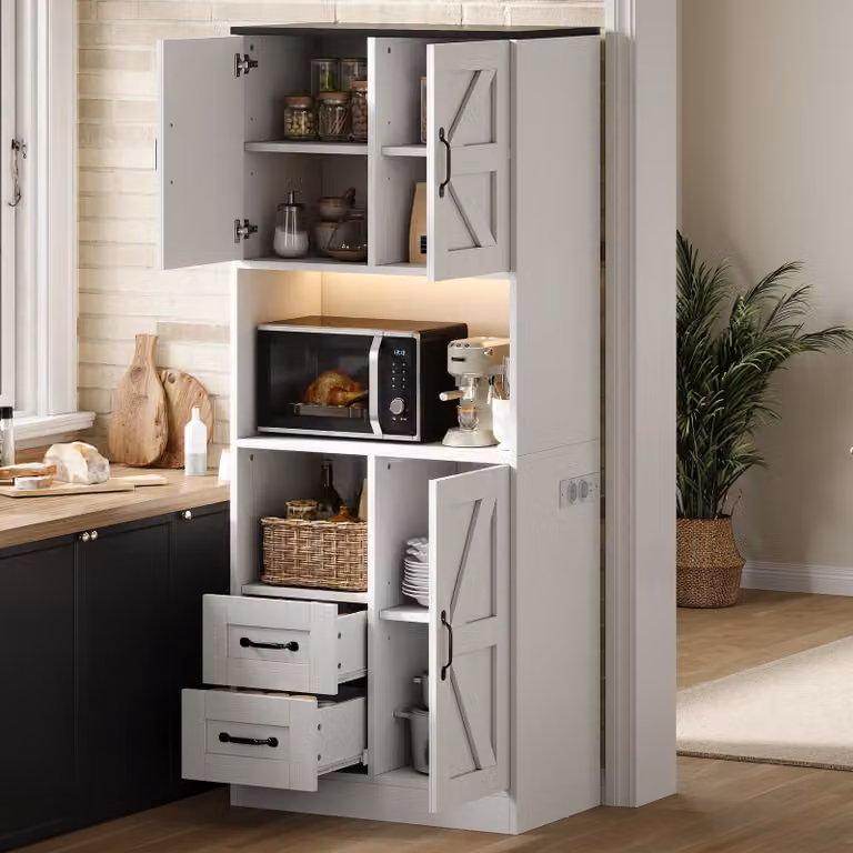 Armadio alto STILVORA con 3 ante a battente e 2 cassetti, mobile da cucina con illuminazione a LED e prese elettriche, dispensa per soggiorno e sala da pranzo