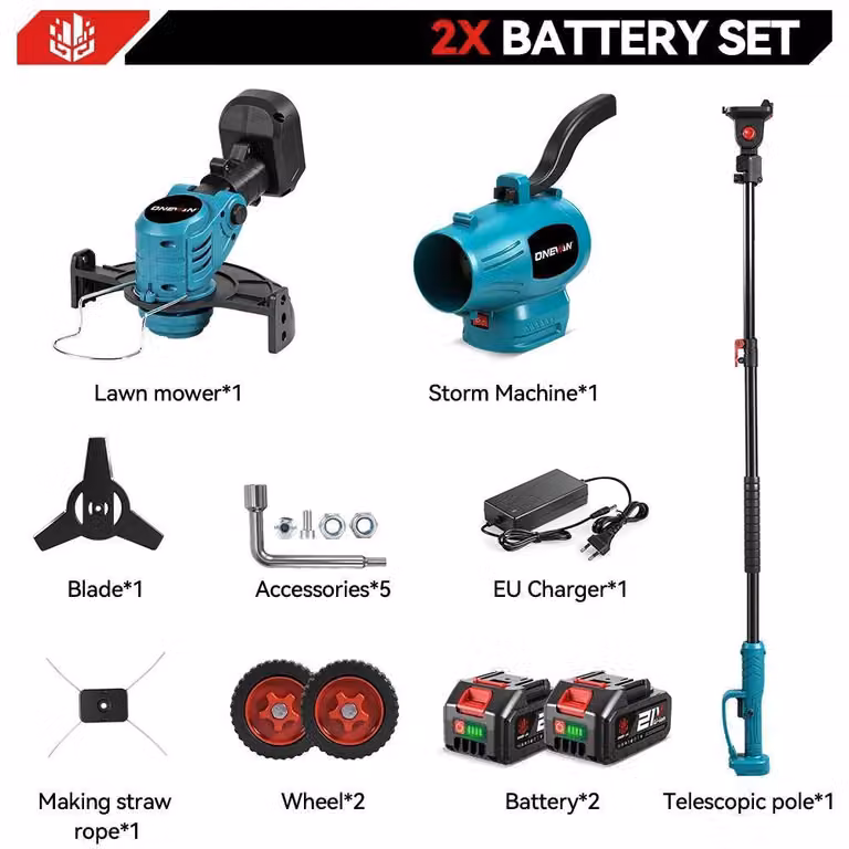 Tagliaerba e soffiatore per foglie X11 3-in-1 - Attrezzo da giardino a batteria - Motore da 2500 W - Velocità dell'aria 200 m/s - Compatibile con batterie da 18 V - Set con 2 batterie - Set a 2 batterie