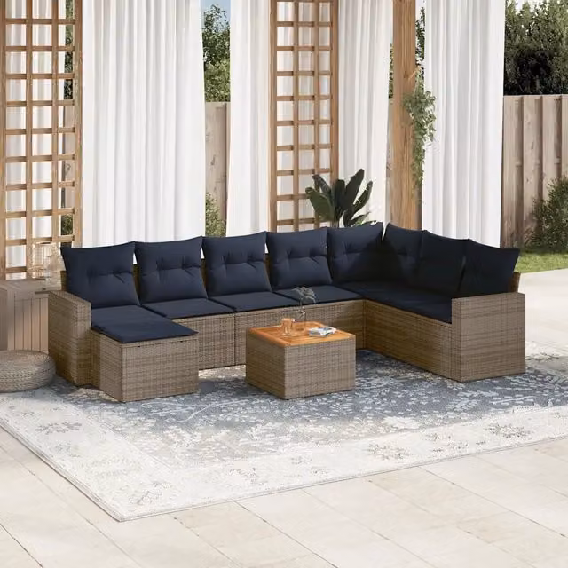 Set Divani da Giardino 9 pz con Cuscini Grigio in Polyrattan 3256593