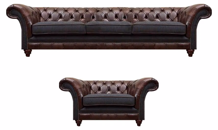 Chesterfield Braune Ledersofa Garnitur Dreisitzer Edler Polster Sessel