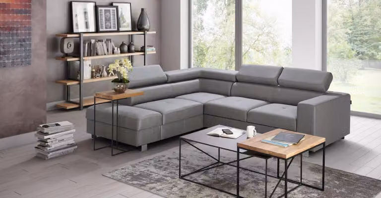 Ecksofa Bettfunktion Grau Stoff L-Form Sofa Couch Design Polster Modern Textil