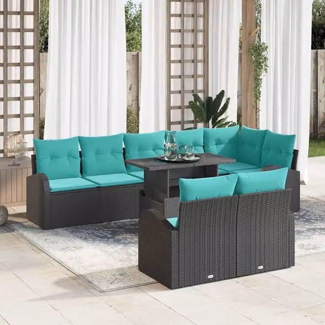 Set Divano da Giardino a Forma di U con Tavolino da Esterno vidaXL, 9 Pezzi, Colore Nero e Turchese con Cuscini Inclusi