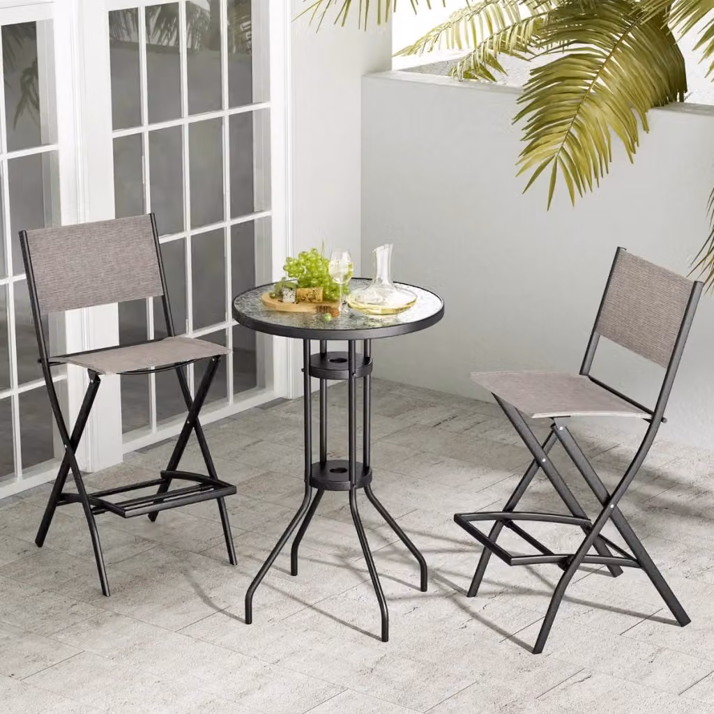 Set di 2 sgabelli da bar da esterno impilabili in metallo grigio e tessuto resistente ai raggi UV per giardino, terrazza o balcone – 2