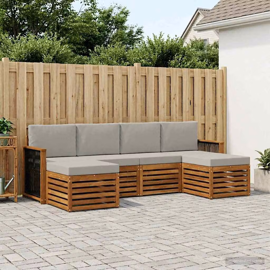 Set di divani da esterno a L vidaXL in legno di acacia con cuscini beige e grigi