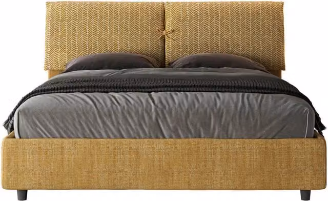 Letto Matrimoniale Mados con Contenitore e Rete, Testata Imbottita in Tessuto Giallo, L/P/H: 160 x 200 x 110 cm – 1