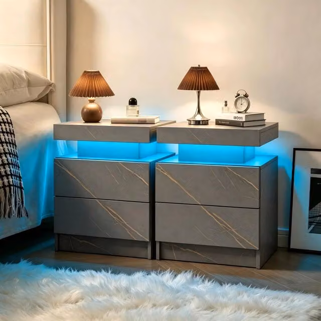 Comodino moderno FOLYNA con luci LED regolabili, 2 cassetti e vano aperto, design astratto in MDF grigio e oro per camera da letto e soggiorno