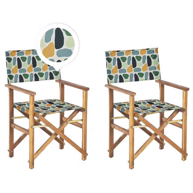 Set di 2 sedie da regista pieghevoli BELIANI in legno di acacia con 2 tessuti intercambiabili con motivo astratto bianco sporco e verde per giardino e terrazzo