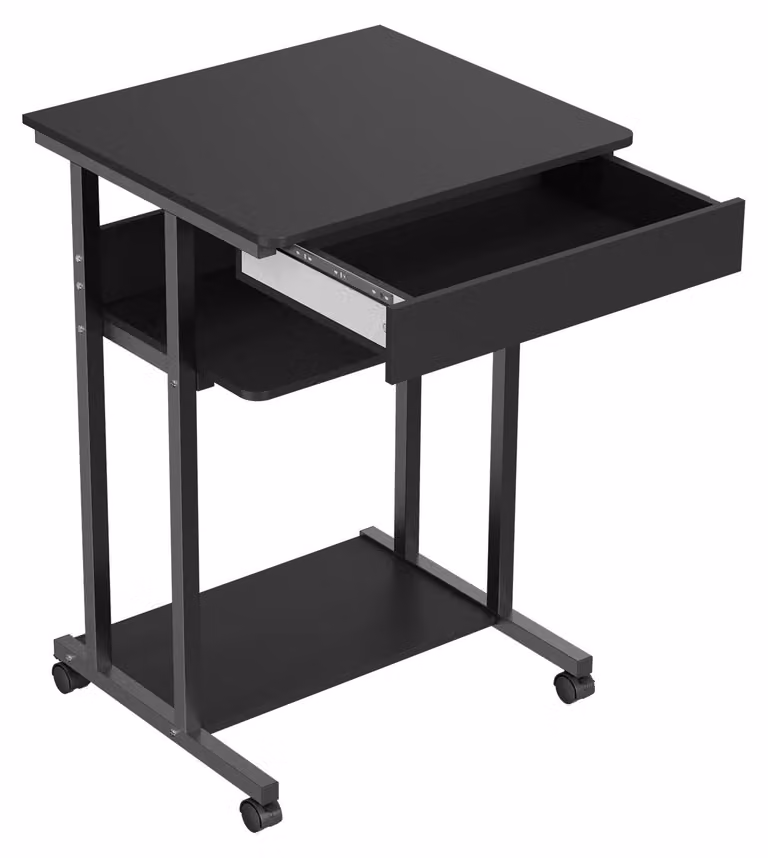 Piccolo tavolo per computer - Tavolo per computer con rotelle - Cassetto - Ripiano - Supporto per CPU - 56 x 51 cm - Nero