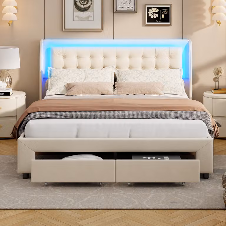 Letto matrimoniale 140 x 190 cm con testata e rete a doghe, con cassetti, beige