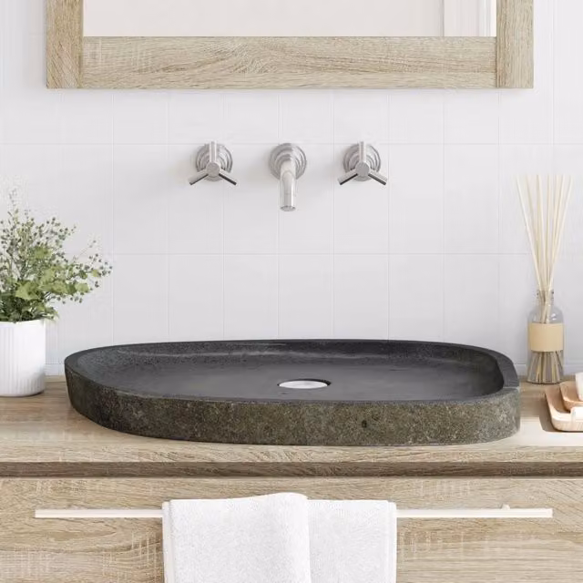 Lavabo da appoggio ovale in pietra naturale grigia vidaXL L: 65 cm, P: 50 cm, H: 6 cm – 1