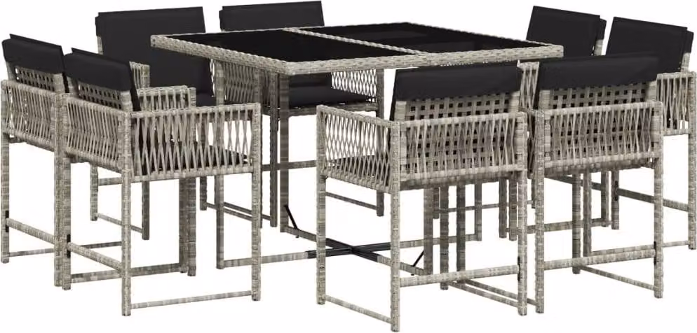 Set Pranzo da Giardino 9pz con Cuscini Grigio Chiaro Polyrattan