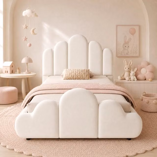 Letto per bambini singolo 90×200 cm con testiera imbottita e angoli arrotondati, senza materasso, velluto beige