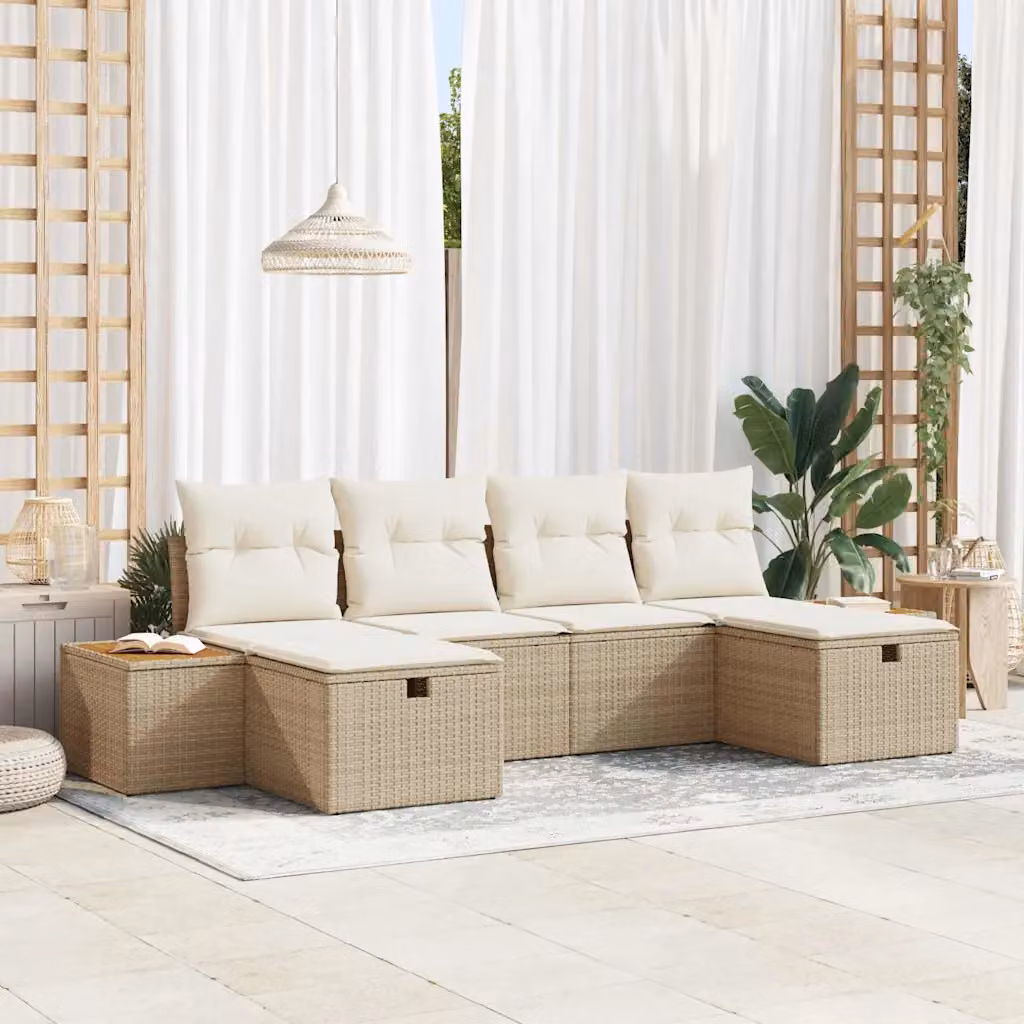 Set Divano da Giardino vidaXL 6 Pezzi in Polyrattan Beige con Cuscini e Ottoman a Forma di L