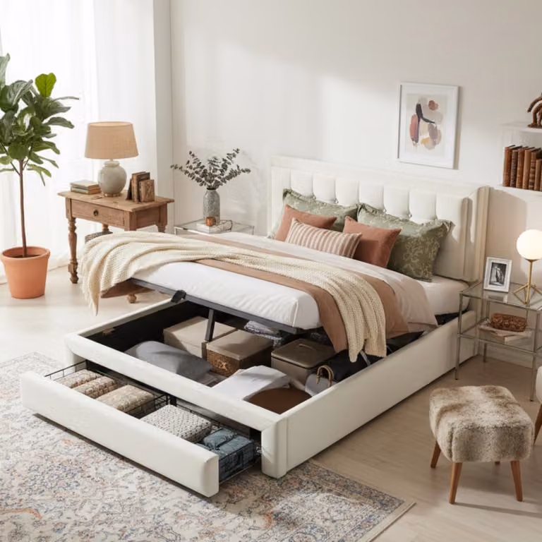 Letto imbottito STILVORA 140x200 cm con contenitore, letto matrimoniale dotato di vani portaoggetti e cassetti, con rete a doghe e testiera, beige (senza materasso)