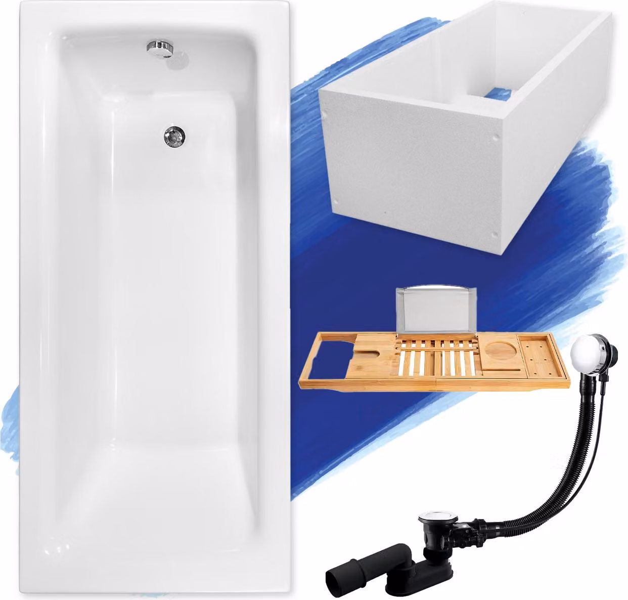Vasca da bagno rettangolare 160x75 + supporto vasca + ripiano in bambù, scarico e piedini GRATUITI | set completo 5in1 sifone originale per vasca da bagno in acrilico | BADLAND TALIA