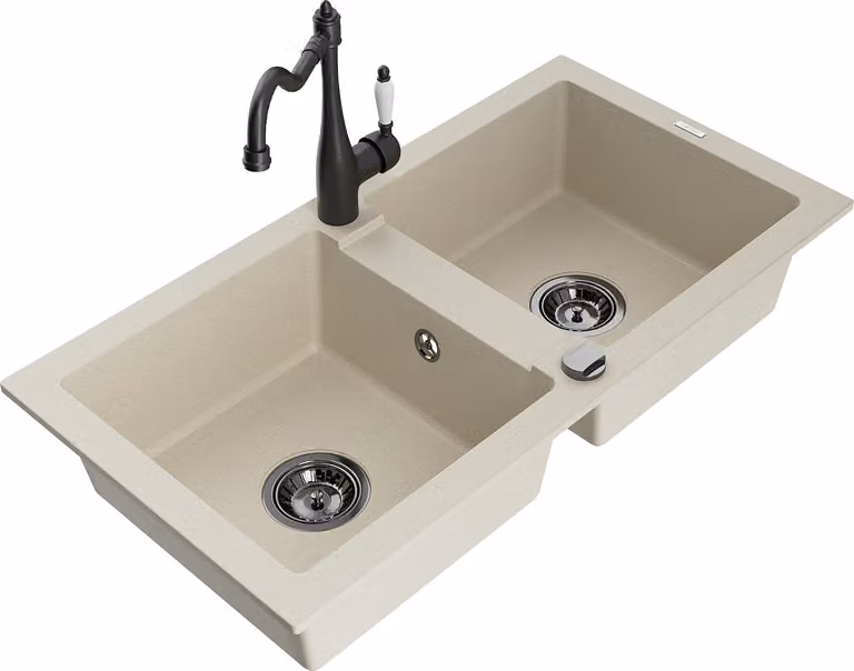 Mexen Mario lavello da cucina in granito a 2 vasche con miscelatore Carla, beige - 6504-69-670700-70