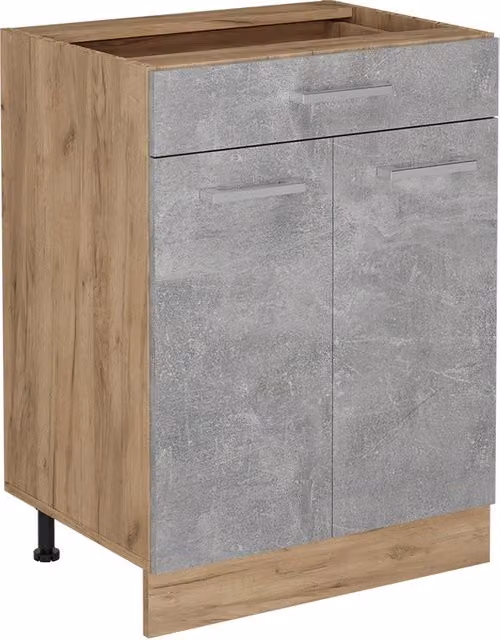 Mobiletto base per cucina Vicco R-Line in legno e plastica, colore grigio e rovere dorato, con ante a battente e cassetto, senza piano di lavoro, L: 60 cm – 1