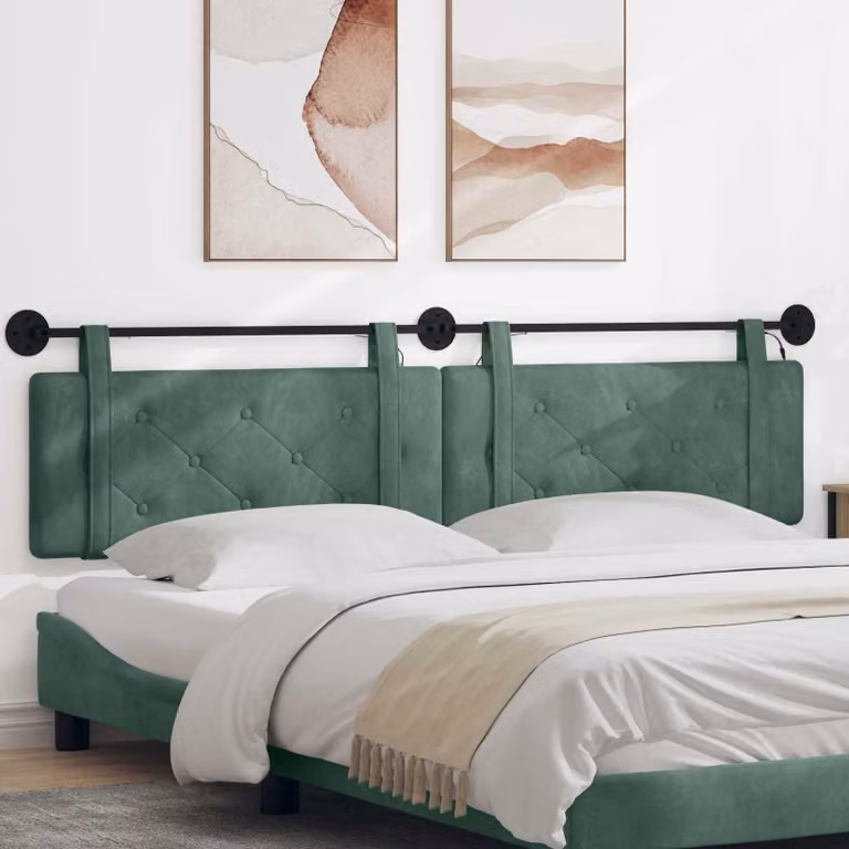 Testiera per letto sospesa vidaXL in velluto verde con luce LED integrata, L: 210 cm, H: 55 cm, P: 9,3 cm