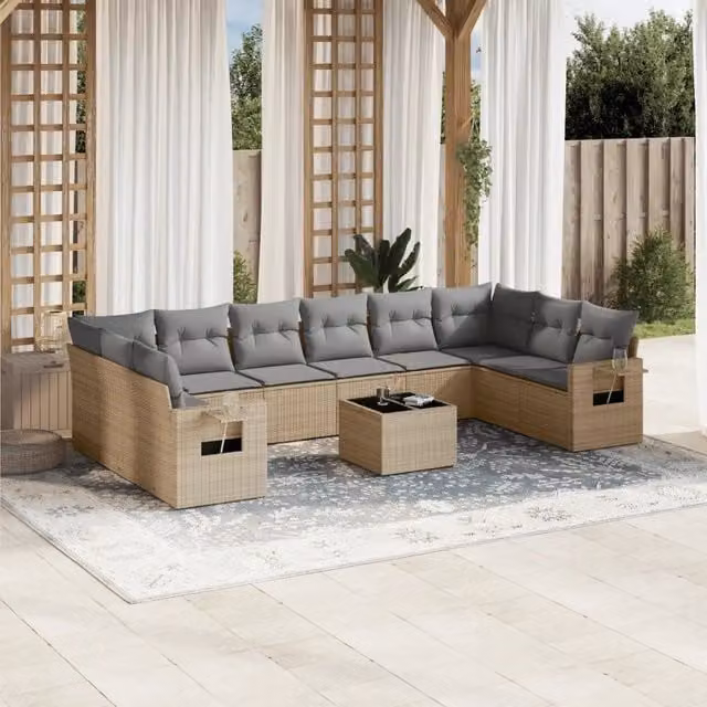 vidaXL Set Divani da Giardino 11 pz con Cuscini Beige e Tavolino in Polyrattan e Metallo
