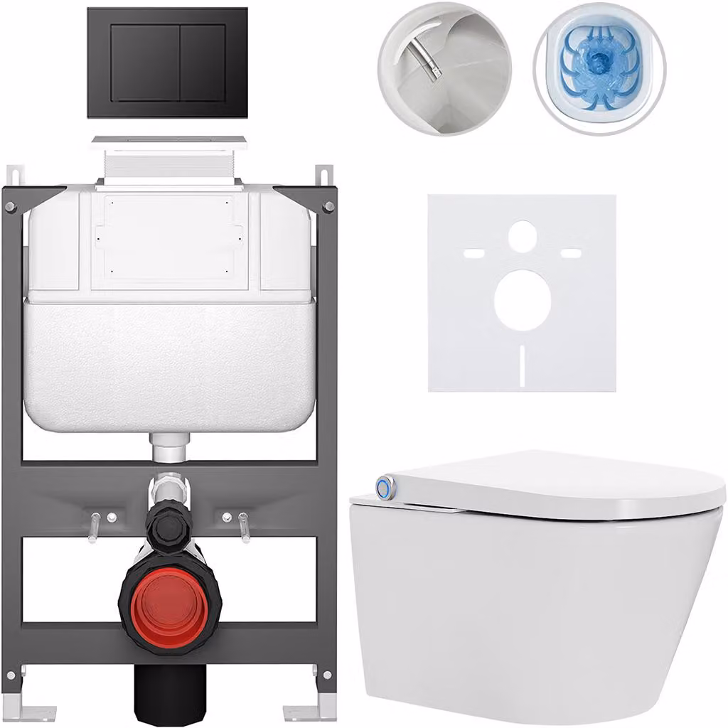 WC sospeso con bidet Cronus Standard - bianco lucido - pulsante Prime/Maxio, nero - azionamento superiore - installazione a parete/con pannello di cartongesso - 59,3 x 38,4 cm