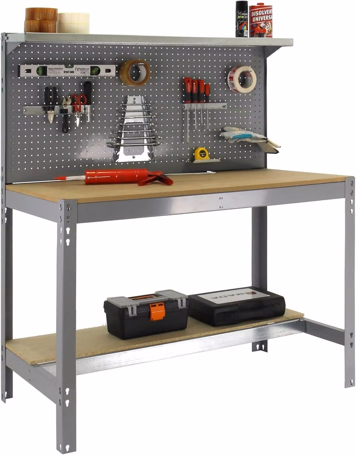 Banco da lavoro Simon Rack, con piano superiore e pannello forato, dimensioni 1445x910x610 mm, capacità portante 400 kg, struttura in metallo e piano di lavoro in legno, completo di tutto